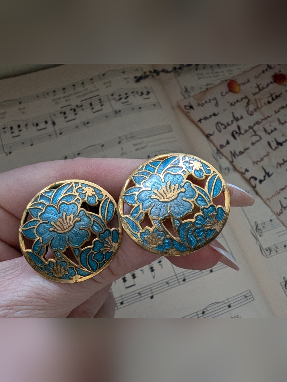 Gold & Teal Floral Cloisonné Earrings